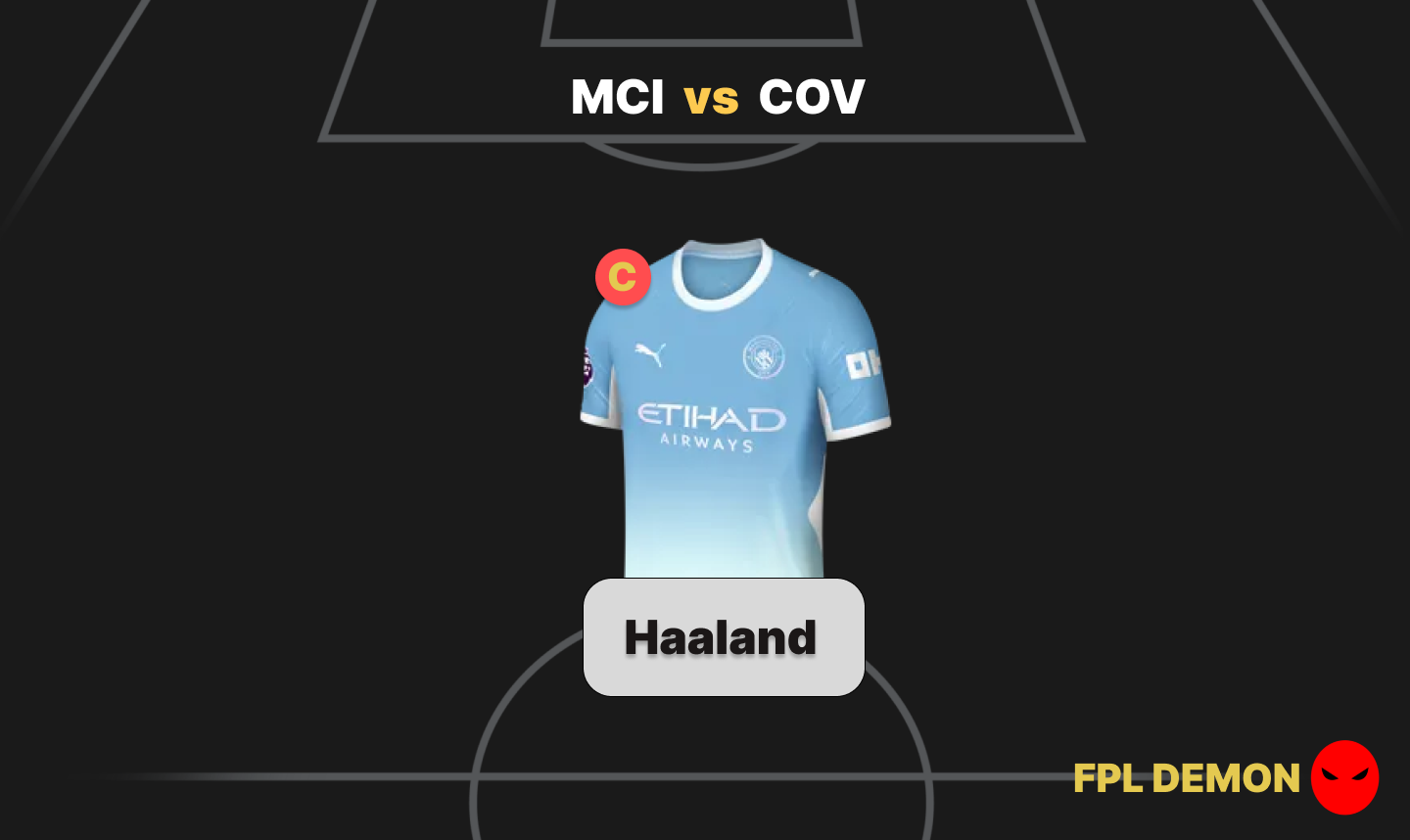 Manchester City v Coventry FPL Demon Notes featuring Haaland with the captain's armband